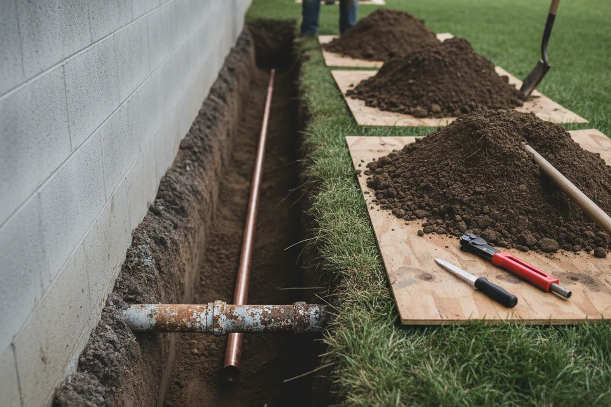 Excavated water line trench during Water Softener Installation in Collinsville